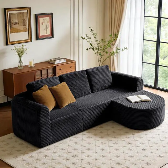 Alt view image 6 of 7 - 108 Modular Sectional Sofa, Boneless Couches for Living Room, Deep Seat L-Shape Cloud Couch with Chaise,Comfy Sofa Freely Change Configurations No Assembly Required,Soft Plush Corduroy Fabric(Black)