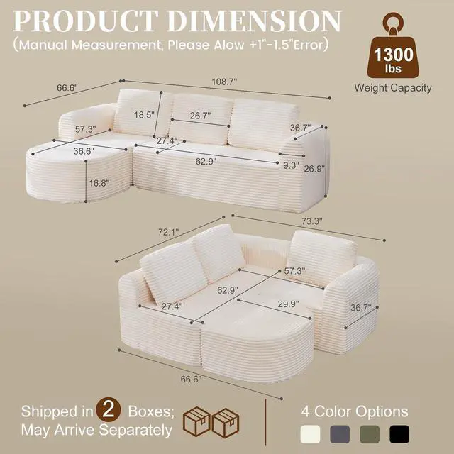 Alt view image 2 of 7 - 108 Modular Sectional Sofa, Boneless Couches for Living Room, Deep Seat L-Shape Cloud Couch with Chaise,Comfy Sofa Freely Change Configurations No Assembly Required,Soft Plush Corduroy Fabric(Beige)