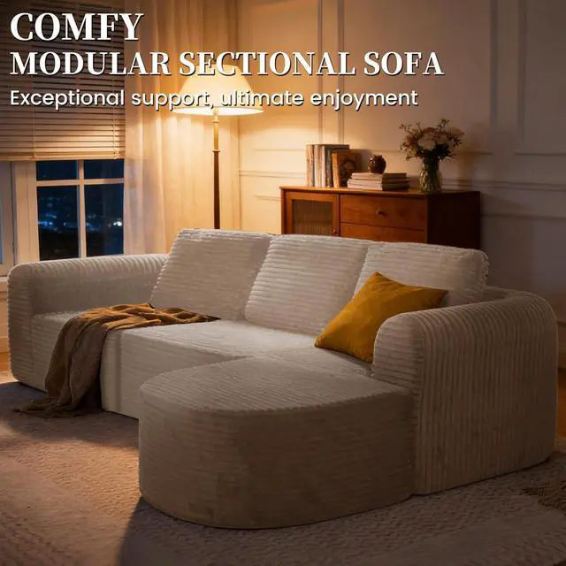 Alt view image 3 of 7 - 108 Modular Sectional Sofa, Boneless Couches for Living Room, Deep Seat L-Shape Cloud Couch with Chaise,Comfy Sofa Freely Change Configurations No Assembly Required,Soft Plush Corduroy Fabric(Beige)