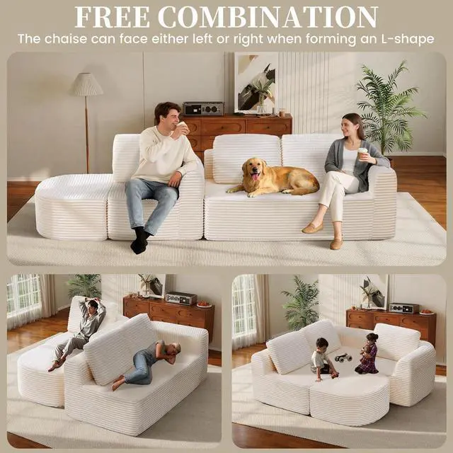 Alt view image 5 of 7 - 108 Modular Sectional Sofa, Boneless Couches for Living Room, Deep Seat L-Shape Cloud Couch with Chaise,Comfy Sofa Freely Change Configurations No Assembly Required,Soft Plush Corduroy Fabric(Beige)