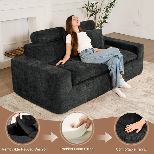 Alt view image 6 of 7 - 75'' Small Boneless Cloud Loveseat Sofa, No Assembly Required Couches Includes 2 pcs Pillows for Apartment, Living Room, Bedroom(Adjustable Headrest)