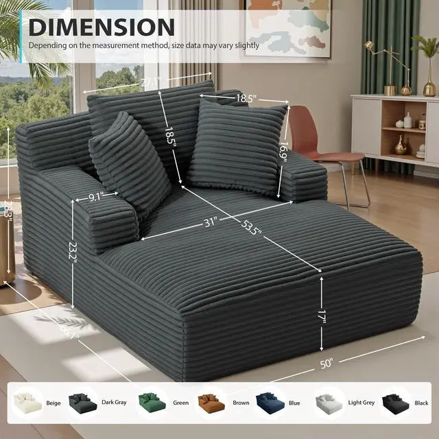 Alt view image 2 of 7 - 50 Inch Chaise Lounge Chair Indoor, Oversized Corduroy Upholstered Boneless Sofa Bed, Deep Seat Sleeper Couch Reading Chairs, Cloud Sofas Couches for Living Room, No Assembly Required (Dark Grey)