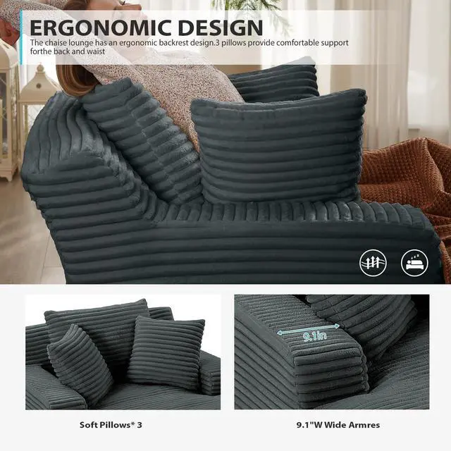 Alt view image 5 of 7 - 50 Inch Chaise Lounge Chair Indoor, Oversized Corduroy Upholstered Boneless Sofa Bed, Deep Seat Sleeper Couch Reading Chairs, Cloud Sofas Couches for Living Room, No Assembly Required (Dark Grey)