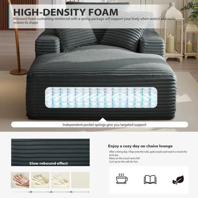 Alt view image 3 of 7 - 50 Inch Chaise Lounge Chair Indoor, Oversized Corduroy Upholstered Boneless Sofa Bed, Deep Seat Sleeper Couch Reading Chairs, Cloud Sofas Couches for Living Room, No Assembly Required (Dark Grey)