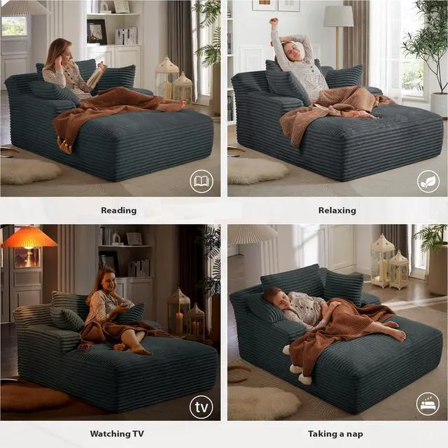 Alt view image 6 of 7 - 50 Inch Chaise Lounge Chair Indoor, Oversized Corduroy Upholstered Boneless Sofa Bed, Deep Seat Sleeper Couch Reading Chairs, Cloud Sofas Couches for Living Room, No Assembly Required (Dark Grey)
