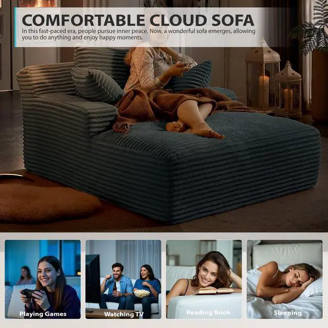 Alt view image 7 of 7 - 50 Inch Chaise Lounge Chair Indoor, Oversized Corduroy Upholstered Boneless Sofa Bed, Deep Seat Sleeper Couch Reading Chairs, Cloud Sofas Couches for Living Room, No Assembly Required (Dark Grey)