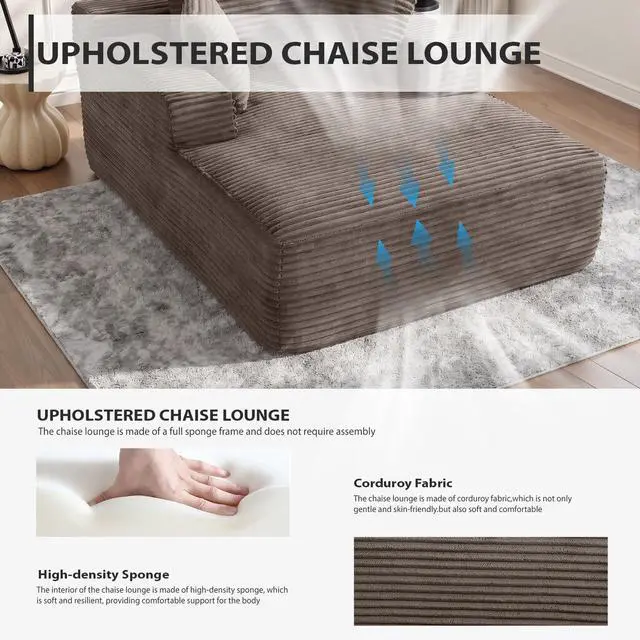 Alt view image 3 of 7 - 50 Inch Chaise Lounge Chair Indoor, Oversized Corduroy Upholstered Boneless Sofa Bed, Deep Seat Sleeper Couch Reading Chairs, Cloud Sofas Couches for Living Room, No Assembly Required (Camel)