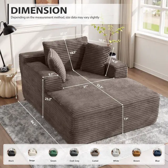 Alt view image 2 of 7 - 50 Inch Chaise Lounge Chair Indoor, Oversized Corduroy Upholstered Boneless Sofa Bed, Deep Seat Sleeper Couch Reading Chairs, Cloud Sofas Couches for Living Room, No Assembly Required (Camel)