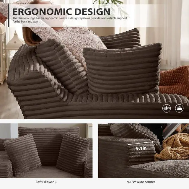 Alt view image 5 of 7 - 50 Inch Chaise Lounge Chair Indoor, Oversized Corduroy Upholstered Boneless Sofa Bed, Deep Seat Sleeper Couch Reading Chairs, Cloud Sofas Couches for Living Room, No Assembly Required (Camel)