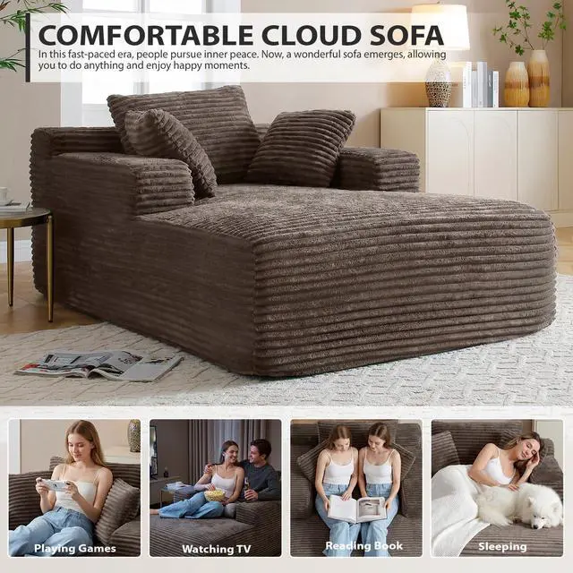 Alt view image 6 of 7 - 50 Inch Chaise Lounge Chair Indoor, Oversized Corduroy Upholstered Boneless Sofa Bed, Deep Seat Sleeper Couch Reading Chairs, Cloud Sofas Couches for Living Room, No Assembly Required (Camel)
