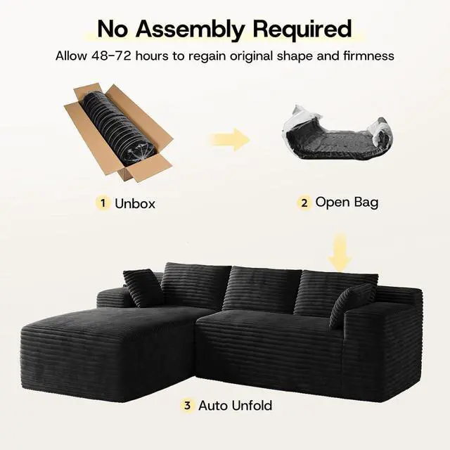 Alt view image 3 of 7 - 106" Sectional Couch for Living Room, L-Shaped Cloud Couch Corduroy Modern Sectional Sofa with Deep Seat and Thickened Cushion, No Assembly Required, Black
