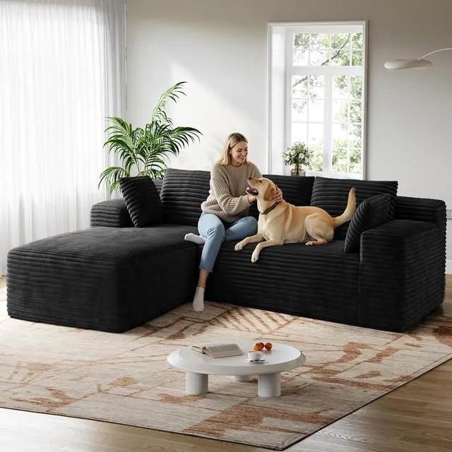 Main image of 106" Sectional Couch for Living Room, L-Shaped Cloud Couch Corduroy Modern Sectional Sofa with Deep Seat and Thickened Cushion, No Assembly Required, Black
