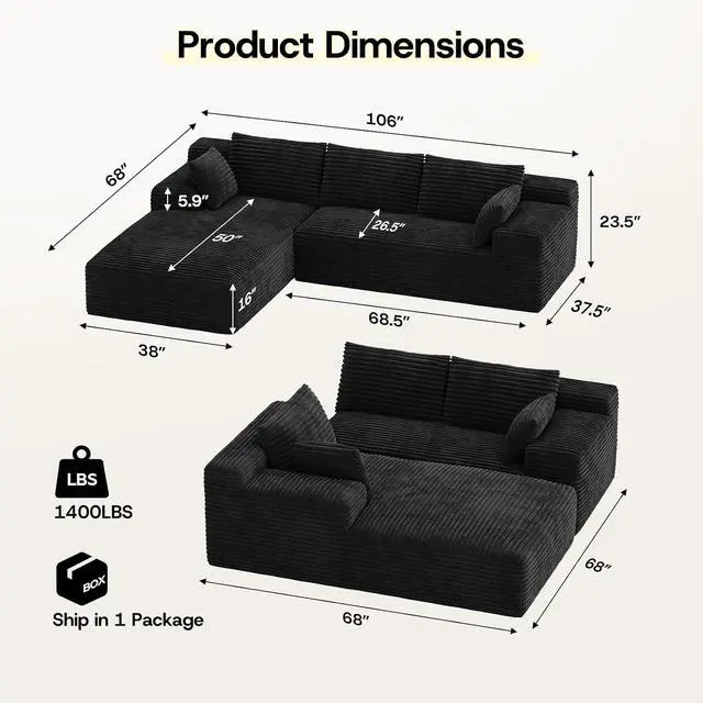 Alt view image 2 of 7 - 106" Sectional Couch for Living Room, L-Shaped Cloud Couch Corduroy Modern Sectional Sofa with Deep Seat and Thickened Cushion, No Assembly Required, Black
