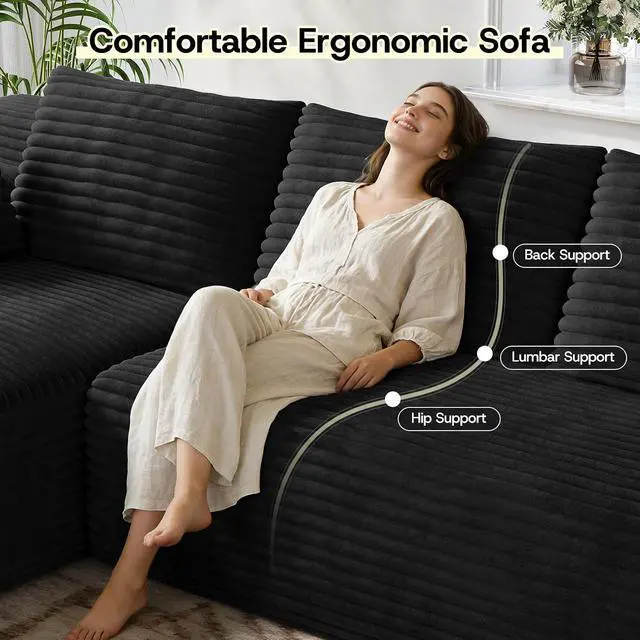 Alt view image 5 of 7 - 106" Sectional Couch for Living Room, L-Shaped Cloud Couch Corduroy Modern Sectional Sofa with Deep Seat and Thickened Cushion, No Assembly Required, Black