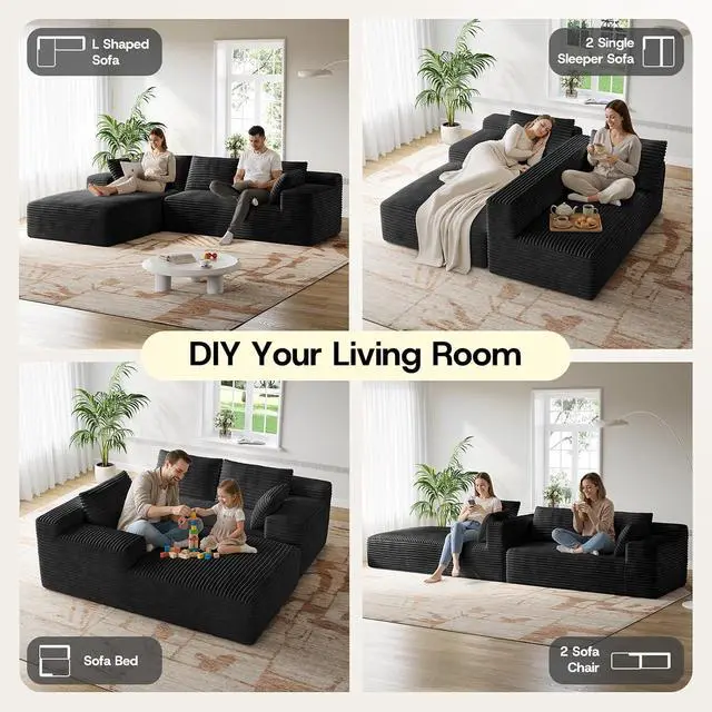 Alt view image 6 of 7 - 106" Sectional Couch for Living Room, L-Shaped Cloud Couch Corduroy Modern Sectional Sofa with Deep Seat and Thickened Cushion, No Assembly Required, Black