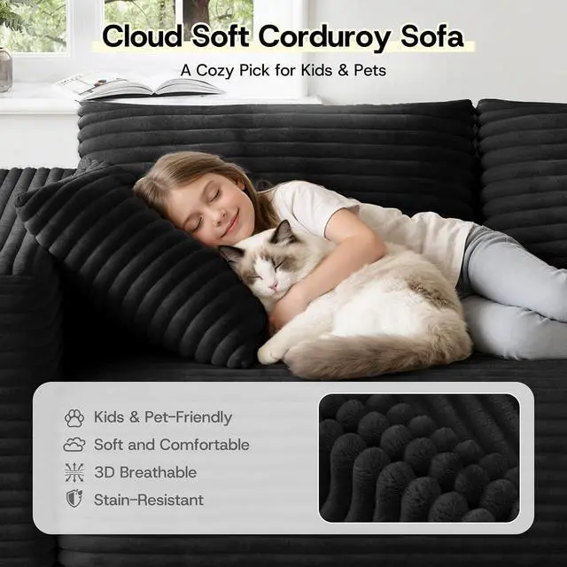 Alt view image 7 of 7 - 106" Sectional Couch for Living Room, L-Shaped Cloud Couch Corduroy Modern Sectional Sofa with Deep Seat and Thickened Cushion, No Assembly Required, Black