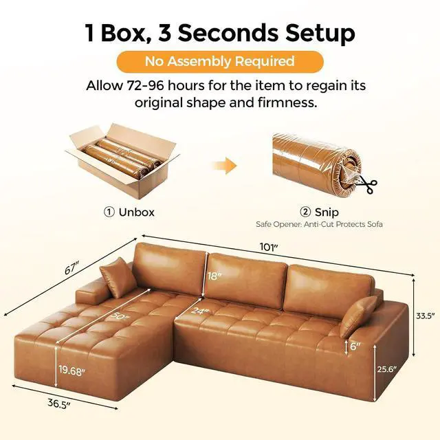 Alt view image 2 of 7 - Sectional Sofa, 101" L-Shaped Deep Seat Cloud Couch, Modular Sofa with Back Cushion for Living Room Bedroom, PU Leather, No Assembly Required, Brown (Left Facing Chaise)