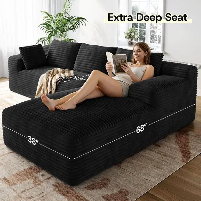 Alt view image 4 of 7 - 106" Sectional Couch for Living Room, L-Shaped Cloud Couch Corduroy Modern Sectional Sofa with Deep Seat and Thickened Cushion, No Assembly Required, Black