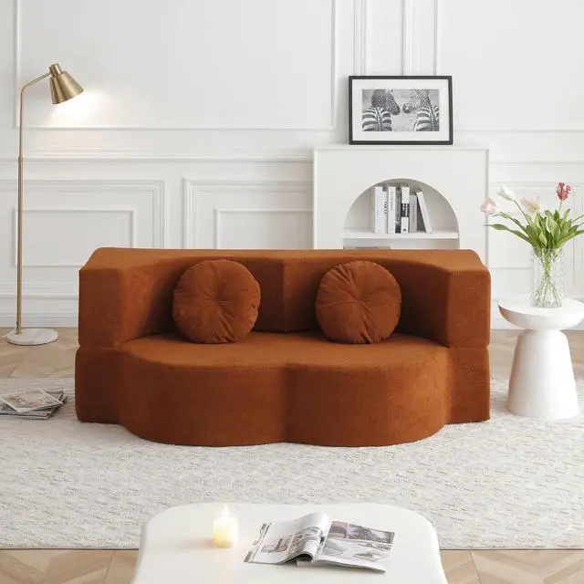 Alt view image 2 of 7 - King Size Sofa Bed, 76 Inch Convertible Futon Boneless Couch, 2-in-1 Loveseat Sleeper Sofa with 2 Pillow, Modern Velvet Fabric Floor Couch Bed for Living Room, No Assembly Required (Orange)