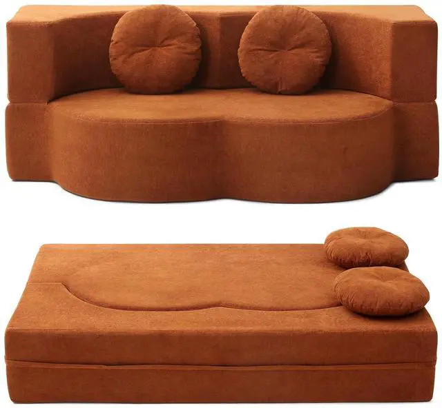 Main image of King Size Sofa Bed, 76 Inch Convertible Futon Boneless Couch, 2-in-1 Loveseat Sleeper Sofa with 2 Pillow, Modern Velvet Fabric Floor Couch Bed for Living Room, No Assembly Required (Orange)