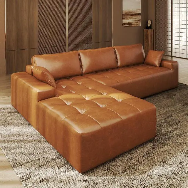 Alt view image 3 of 7 - Sectional Sofa, 101" L-Shaped Deep Seat Cloud Couch, Modular Sofa with Back Cushion for Living Room Bedroom, PU Leather, No Assembly Required, Brown (Left Facing Chaise)