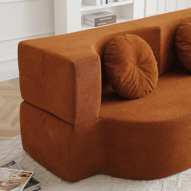 Alt view image 7 of 7 - King Size Sofa Bed, 76 Inch Convertible Futon Boneless Couch, 2-in-1 Loveseat Sleeper Sofa with 2 Pillow, Modern Velvet Fabric Floor Couch Bed for Living Room, No Assembly Required (Orange)