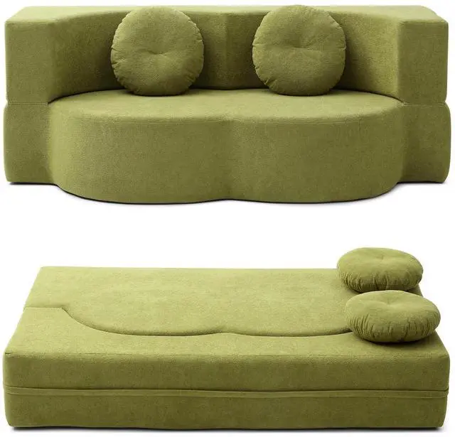 Main image of King Size Sofa Bed, 76 Inch Convertible Futon Boneless Couch, 2-in-1 Loveseat Sleeper Sofa with 2 Pillow, Modern Velvet Fabric Floor Couch Bed for Living Room, No Assembly Required (Green)