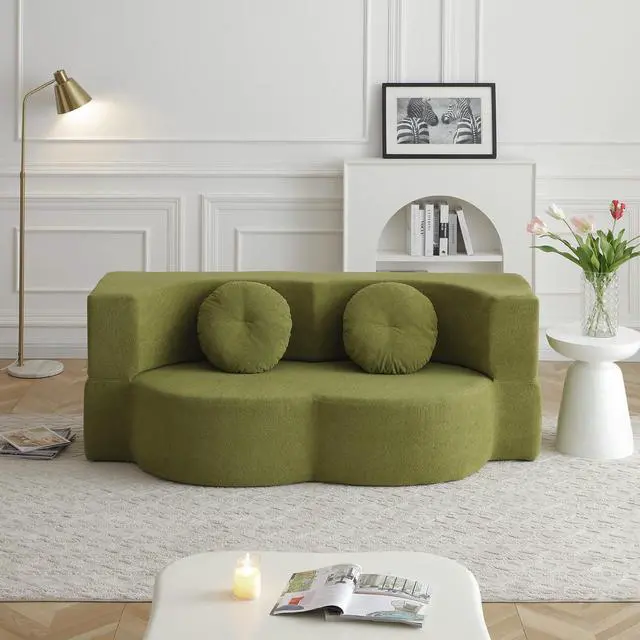 Alt view image 2 of 7 - King Size Sofa Bed, 76 Inch Convertible Futon Boneless Couch, 2-in-1 Loveseat Sleeper Sofa with 2 Pillow, Modern Velvet Fabric Floor Couch Bed for Living Room, No Assembly Required (Green)