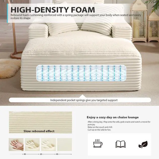Alt view image 3 of 7 - 50 Inch Chaise Lounge Chair Indoor, Oversized Corduroy Upholstered Boneless Sofa Bed, Deep Seat Sleeper Couch Reading Chairs, Cloud Sofas Couches for Living Room, No Assembly Required (Beige)