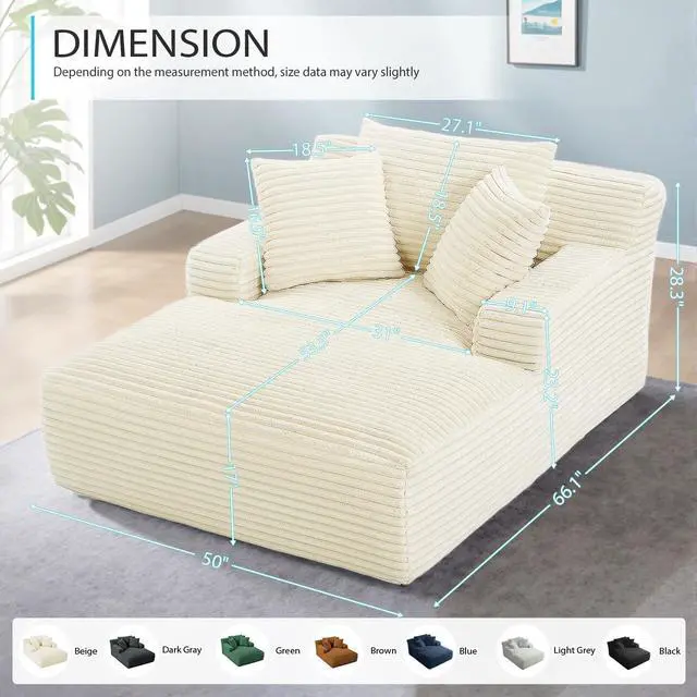 Alt view image 2 of 7 - 50 Inch Chaise Lounge Chair Indoor, Oversized Corduroy Upholstered Boneless Sofa Bed, Deep Seat Sleeper Couch Reading Chairs, Cloud Sofas Couches for Living Room, No Assembly Required (Beige)