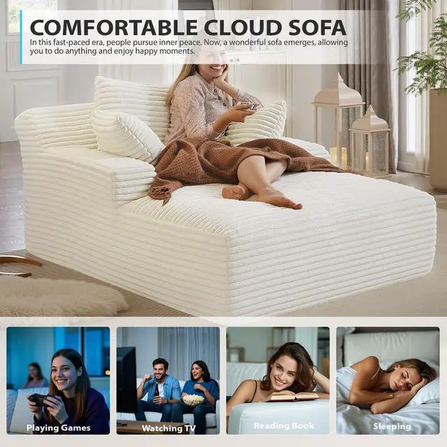 Alt view image 7 of 7 - 50 Inch Chaise Lounge Chair Indoor, Oversized Corduroy Upholstered Boneless Sofa Bed, Deep Seat Sleeper Couch Reading Chairs, Cloud Sofas Couches for Living Room, No Assembly Required (Beige)
