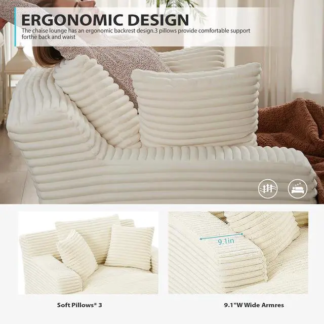 Alt view image 5 of 7 - 50 Inch Chaise Lounge Chair Indoor, Oversized Corduroy Upholstered Boneless Sofa Bed, Deep Seat Sleeper Couch Reading Chairs, Cloud Sofas Couches for Living Room, No Assembly Required (Beige)