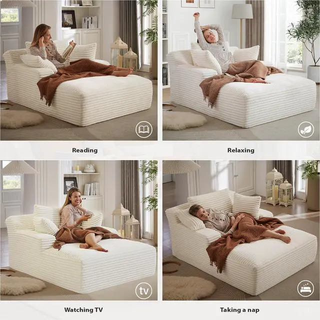 Alt view image 6 of 7 - 50 Inch Chaise Lounge Chair Indoor, Oversized Corduroy Upholstered Boneless Sofa Bed, Deep Seat Sleeper Couch Reading Chairs, Cloud Sofas Couches for Living Room, No Assembly Required (Beige)