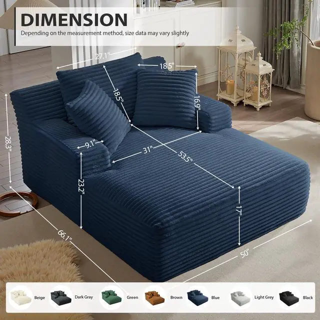 Alt view image 2 of 7 - 50 Inches Chaise Lounge Indoor, Oversized Chaise Lounge Chair with 3 Throw Pillows and Armrests, Corduroy Upholstered Plush Sofa Bed Lazy Chair Bed Sleeper Chair for Living Room Apartment (Blue)