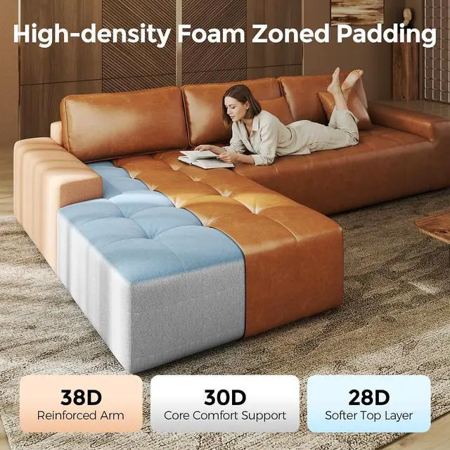 Alt view image 4 of 7 - Sectional Sofa, 101" L-Shaped Deep Seat Cloud Couch, Modular Sofa with Back Cushion for Living Room Bedroom, PU Leather, No Assembly Required, Brown (Left Facing Chaise)