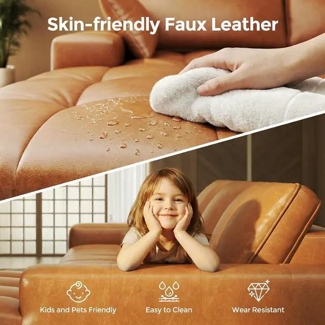 Alt view image 6 of 7 - Sectional Sofa, 101" L-Shaped Deep Seat Cloud Couch, Modular Sofa with Back Cushion for Living Room Bedroom, PU Leather, No Assembly Required, Brown (Left Facing Chaise)
