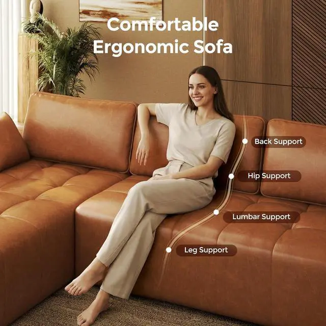 Alt view image 7 of 7 - Sectional Sofa, 101" L-Shaped Deep Seat Cloud Couch, Modular Sofa with Back Cushion for Living Room Bedroom, PU Leather, No Assembly Required, Brown (Left Facing Chaise)