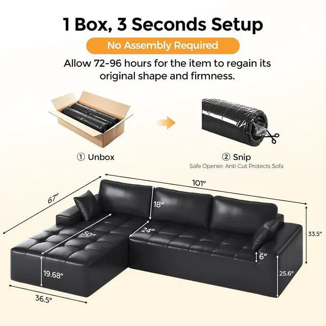 Alt view image 2 of 7 - Sectional Sofa, 101" L-Shaped Deep Seat Cloud Couch, Modular Sofa with Back Cushion for Living Room Bedroom, PU Leather, No Assembly Required, Black (Left Facing Chaise)