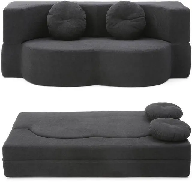 Main image of King Size Sofa Bed, 76 Inch Convertible Futon Boneless Couch, 2-in-1 Loveseat Sleeper Sofa with 2 Pillow, Modern Velvet Fabric Floor Couch Bed for Living Room, No Assembly Required (Black)