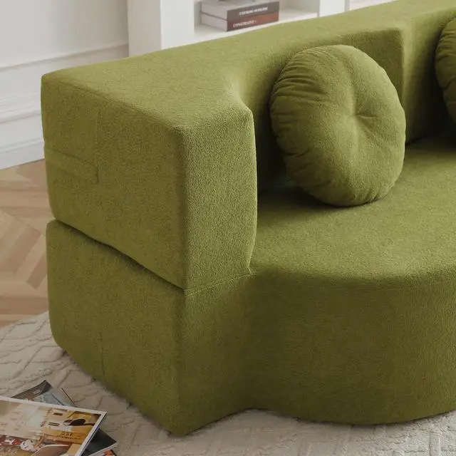 Alt view image 7 of 7 - King Size Sofa Bed, 76 Inch Convertible Futon Boneless Couch, 2-in-1 Loveseat Sleeper Sofa with 2 Pillow, Modern Velvet Fabric Floor Couch Bed for Living Room, No Assembly Required (Green)
