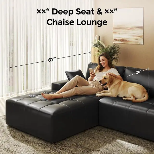 Alt view image 4 of 7 - Sectional Sofa, 101" L-Shaped Deep Seat Cloud Couch, Modular Sofa with Back Cushion for Living Room Bedroom, PU Leather, No Assembly Required, Black (Left Facing Chaise)