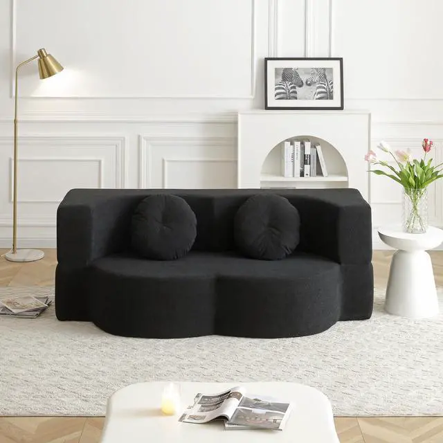 Alt view image 2 of 7 - King Size Sofa Bed, 76 Inch Convertible Futon Boneless Couch, 2-in-1 Loveseat Sleeper Sofa with 2 Pillow, Modern Velvet Fabric Floor Couch Bed for Living Room, No Assembly Required (Black)