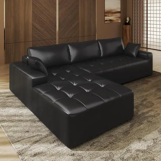 Alt view image 3 of 7 - Sectional Sofa, 101" L-Shaped Deep Seat Cloud Couch, Modular Sofa with Back Cushion for Living Room Bedroom, PU Leather, No Assembly Required, Black (Left Facing Chaise)