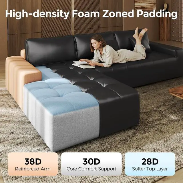 Alt view image 5 of 7 - Sectional Sofa, 101" L-Shaped Deep Seat Cloud Couch, Modular Sofa with Back Cushion for Living Room Bedroom, PU Leather, No Assembly Required, Black (Left Facing Chaise)