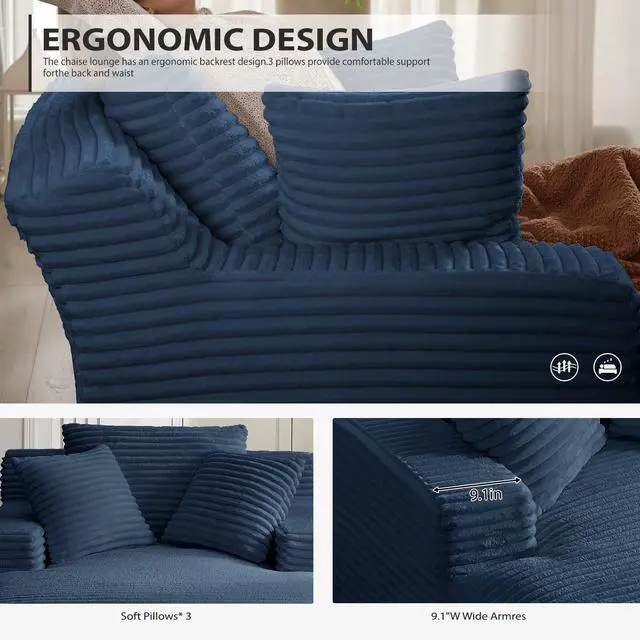 Alt view image 5 of 7 - 50 Inches Chaise Lounge Indoor, Oversized Chaise Lounge Chair with 3 Throw Pillows and Armrests, Corduroy Upholstered Plush Sofa Bed Lazy Chair Bed Sleeper Chair for Living Room Apartment (Blue)