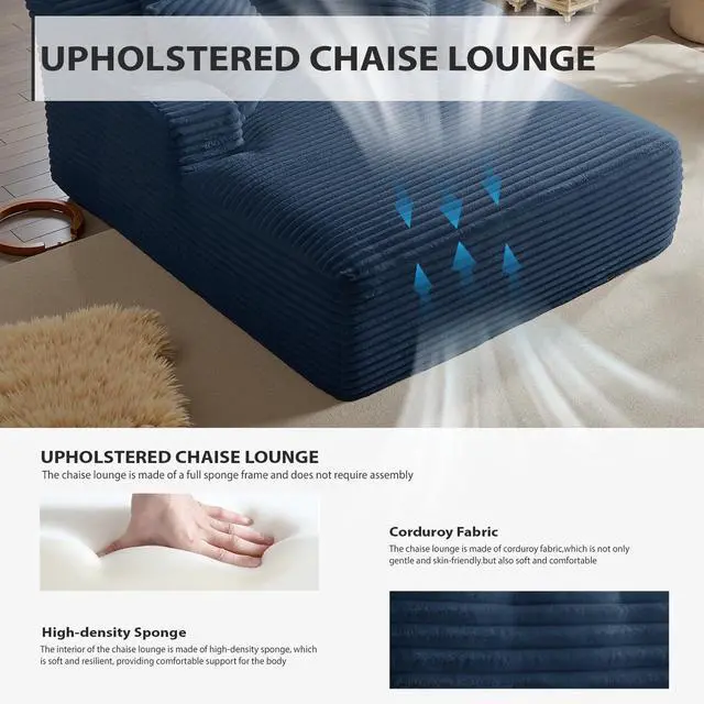 Alt view image 4 of 7 - 50 Inches Chaise Lounge Indoor, Oversized Chaise Lounge Chair with 3 Throw Pillows and Armrests, Corduroy Upholstered Plush Sofa Bed Lazy Chair Bed Sleeper Chair for Living Room Apartment (Blue)