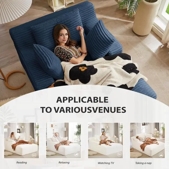 Alt view image 6 of 7 - 50 Inches Chaise Lounge Indoor, Oversized Chaise Lounge Chair with 3 Throw Pillows and Armrests, Corduroy Upholstered Plush Sofa Bed Lazy Chair Bed Sleeper Chair for Living Room Apartment (Blue)