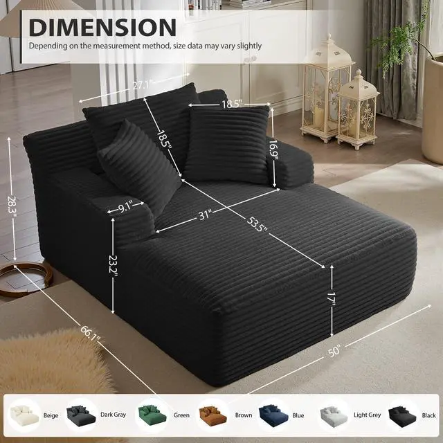Alt view image 2 of 7 - 50 Inches Chaise Lounge Indoor, Oversized Chaise Lounge Chair with 3 Throw Pillows and Armrests, Corduroy Upholstered Plush Sofa Bed Lazy Chair Bed Sleeper Chair for Living Room Apartment (Black)