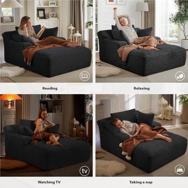 Alt view image 6 of 7 - 50 Inches Chaise Lounge Indoor, Oversized Chaise Lounge Chair with 3 Throw Pillows and Armrests, Corduroy Upholstered Plush Sofa Bed Lazy Chair Bed Sleeper Chair for Living Room Apartment (Black)