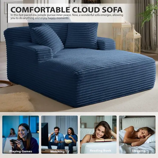 Alt view image 7 of 7 - 50 Inches Chaise Lounge Indoor, Oversized Chaise Lounge Chair with 3 Throw Pillows and Armrests, Corduroy Upholstered Plush Sofa Bed Lazy Chair Bed Sleeper Chair for Living Room Apartment (Blue)